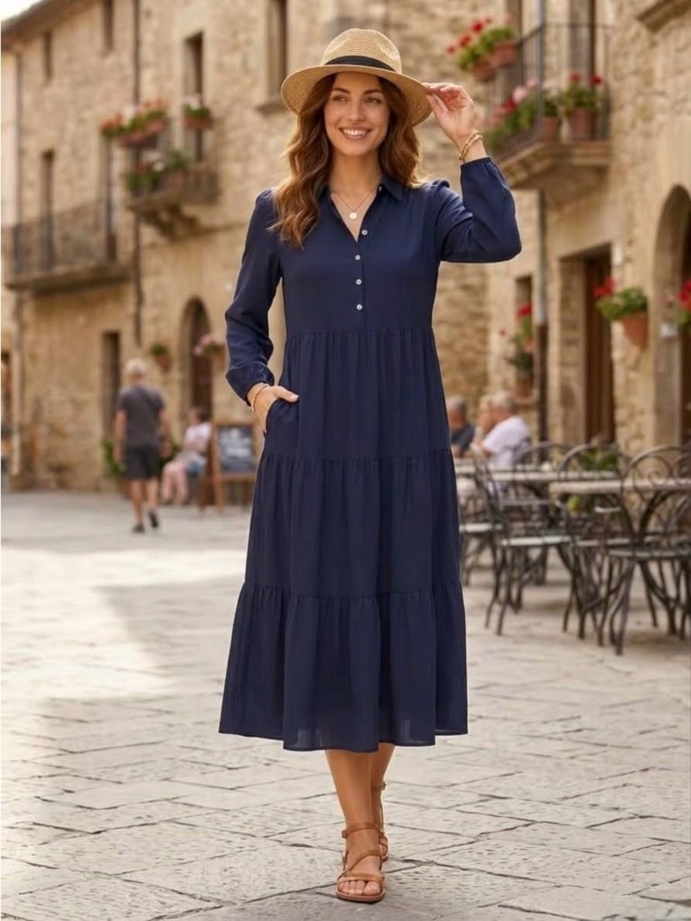 Pomander Place Mabel 100% Cotton Puff Sleeve Midi Maxi Dress, Navy Blue, Size M - Picture 4 of 13